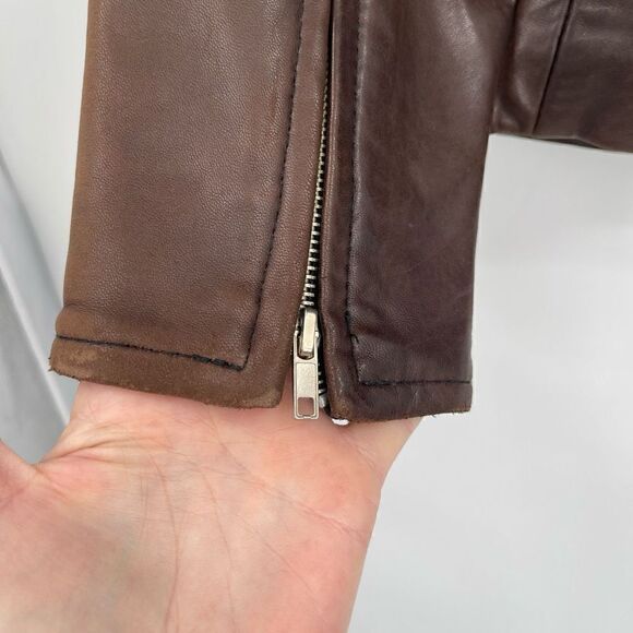 Politix Brown Collared Open Bottom Long Sleeve Zip Up Leather Jacket Size 4 - Picture 9 of 10